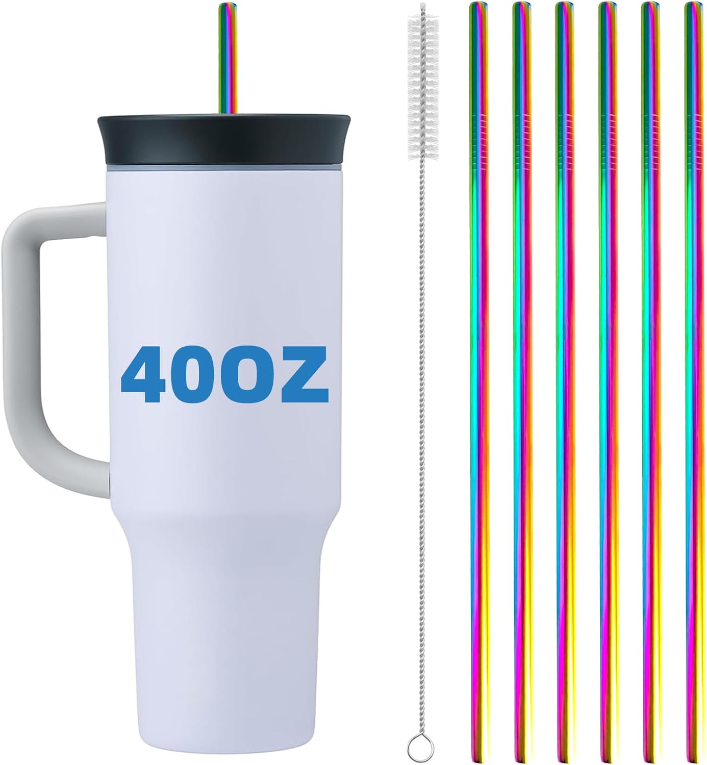 Stainless Steel Straws for Owala Insulated Bottle 40oz Tumbler 6x Metal Replacement Straws 8mm with Cleaning Brush for Owala 40oz (Colorful, 6x Straight 8mm)