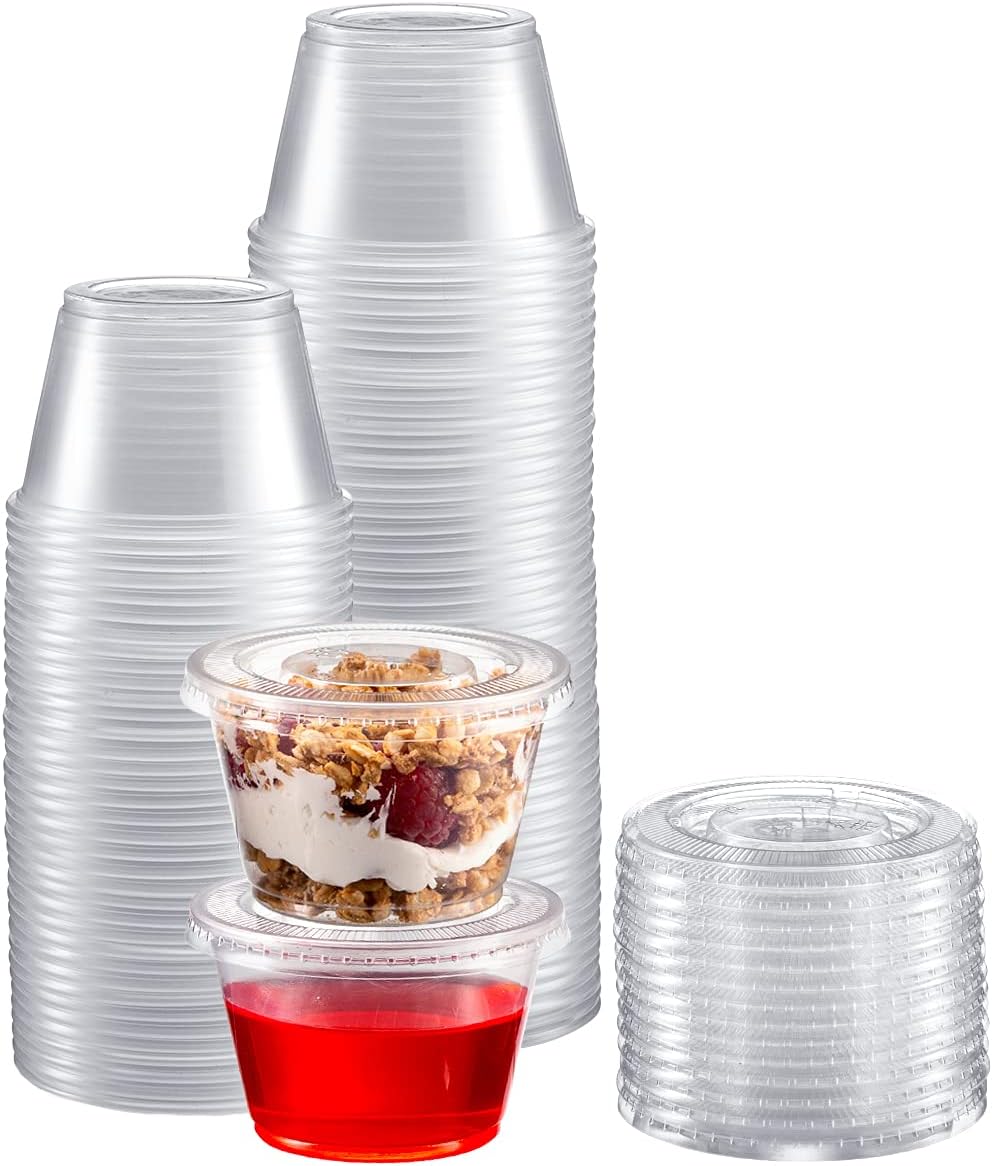Portion Cups with Lids (4 Ounces, 100 Pack) | Disposable Plastic Cups for Meal Prep, Portion Control, Salad Dressing, & Medicine | Small Plastic Condiment Container