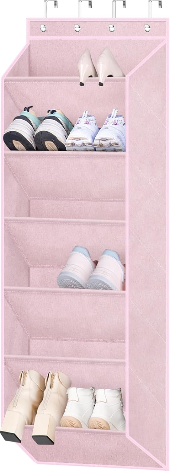 SLEEPING LAMB Over The Door Shoe Rack with Large Deep Pockets, Kids Shoe Organizer for Closet Door, Narrow Hanging Boots Storage, Pink