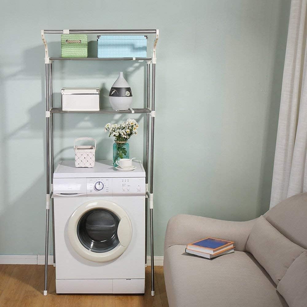 BAOYOUNI Adjustable Over Toilet Bathroom Organizer Above Washer Dryer Storage Shelf 2-Tier Space Saving Rack (24.4-40.55) W X 19.48 D X 68.11 H Inches, Ivory