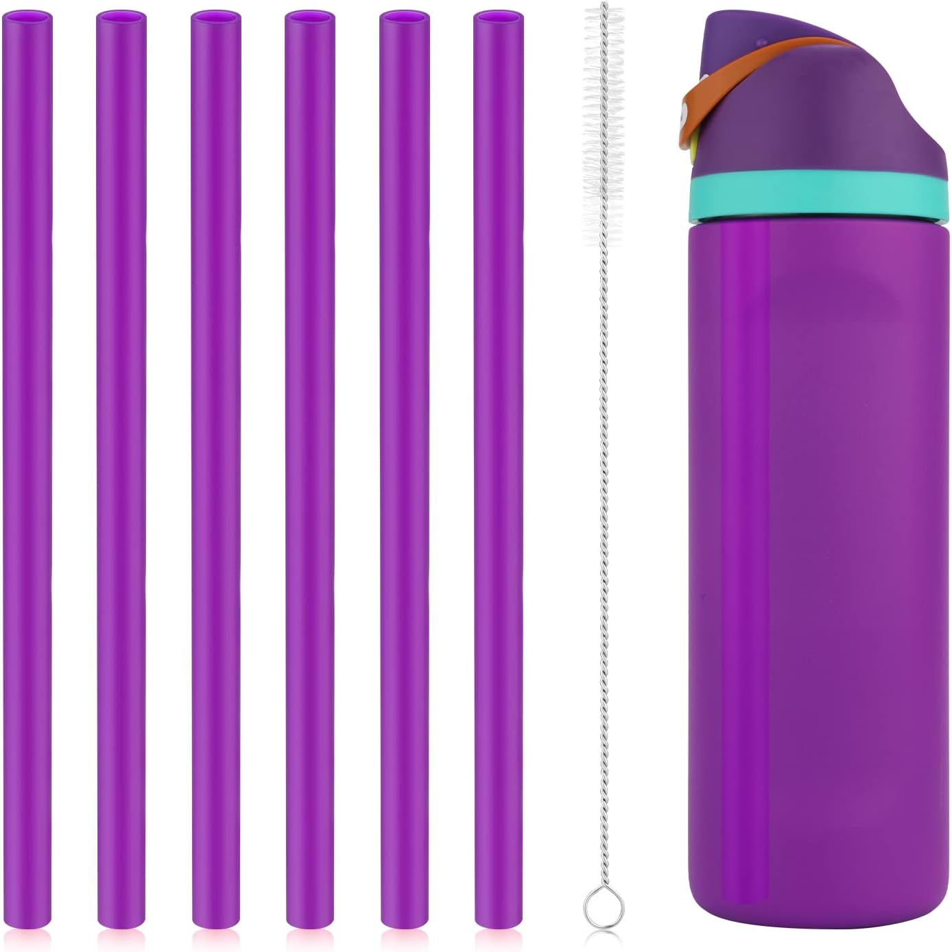 6pcs Replacement Straws for Owala FreeSip 24oz 32oz, Reusable Plastic Straws with Cleaning Brush for Owala Insulated Water Bottle 24 oz 32 oz, Tumbler Accessories (Purple)