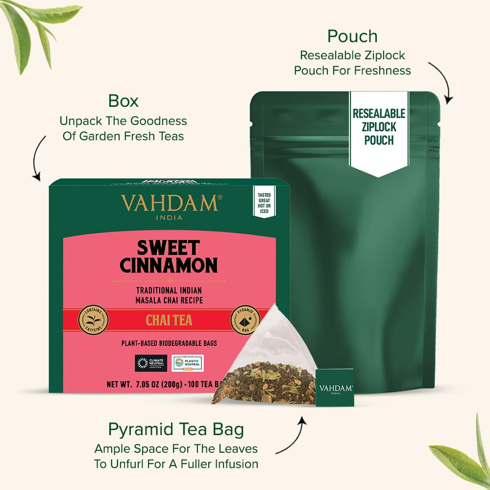 VAHDAM, Sweet Cinnamon Tea | 100 Tea Bags | 100% Natural Spices | Cinnamon Masala Chai Tea Recipe | Spiced Chai Tea Bag | Brew as Hot or Iced