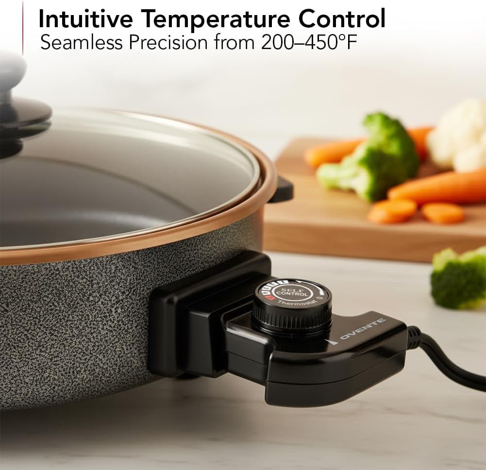 OVENTE 12 Inch Electric Skillet and Frying Pan with Nonstick Coating, 1400W Power, Adjustable Temperature Control, Tempered Glass Lid with Vent and Cool Touch Handles, Copper SK11112CO