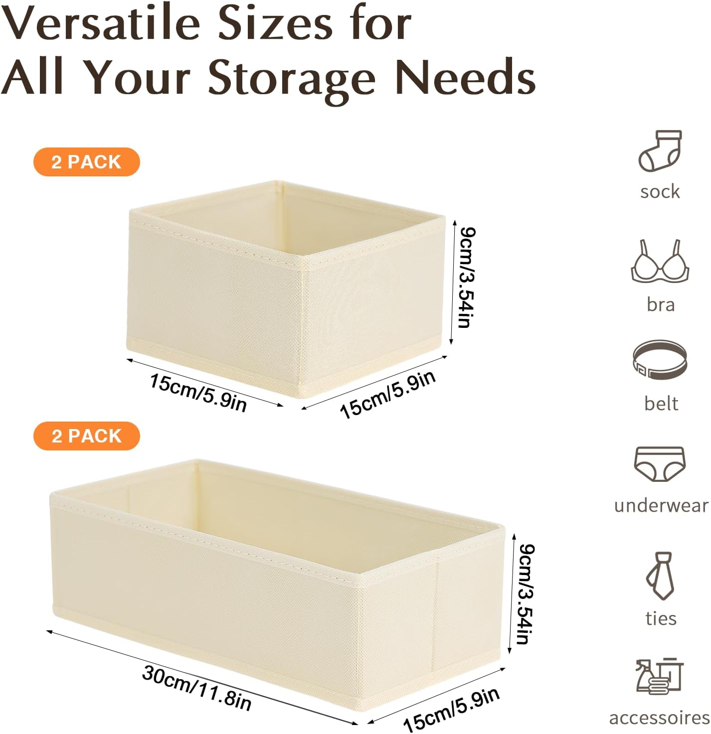 DIMJ Drawer Organizers Clothes, Set of 4 Dresser Organizer Bins, Fabric Closet Organizers and Storage, Shallow Drawer Dividers for Nursery, Clothing, Baby Clothes, Socks, Underwears, Tie (Beige)