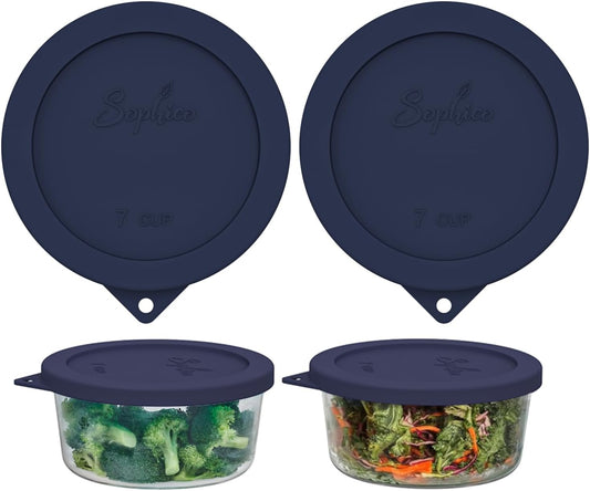 Sophico Sophico Round Silicone Storage Cover Lids Replacement for Anchor Hocking and Pyrex 7402-PC 6/7 Cup Glass Bowls (Container not Included) (BLUE-2PACK)