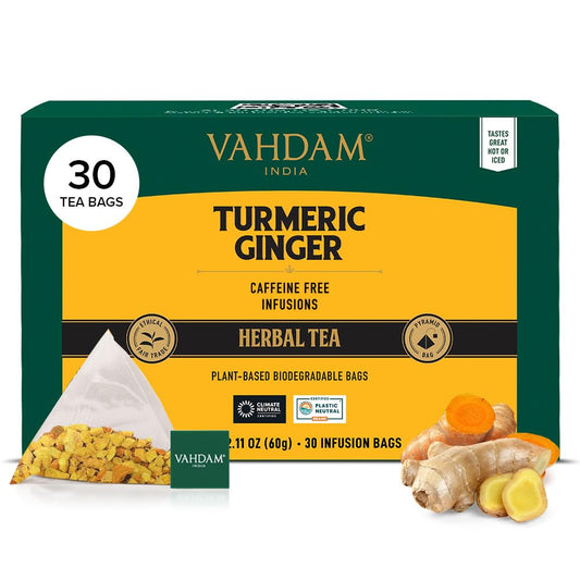 VAHDAM, Turmeric Ginger Herbal Tea Bags (30 Pyramid Tea Bags) Caffeine Free, Non GMO, Gluten Free | 100% Pure Herbal Blend - Savory & Spicy | Individually Wrapped Pyramid Tea Bags | Direct from Source