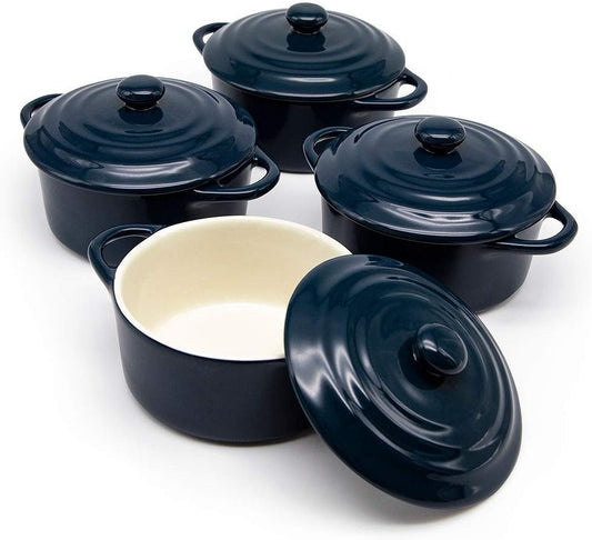 Kook Ceramic Mini Cocotte Set, Small Casserole Dishes with Lids and Handles, Individual Baking Ramekins, Oven, Microwave & Dishwasher Safe, Stoneware, 12 oz, Set of 4 (Navy)