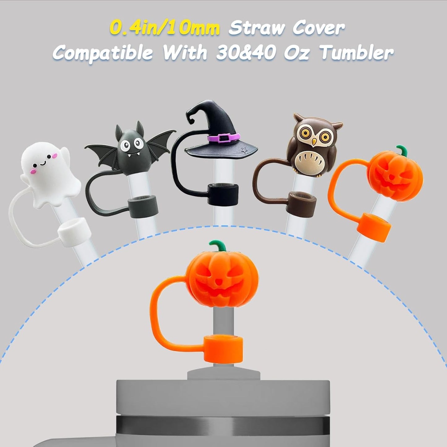 5 Pcs 0.4in Straw Cover for Stanley Cup, Silicone Straw Topper Set for 30&40oz Stanley Tumble, Fit for 10mm/0.4in Straws (Halloween)