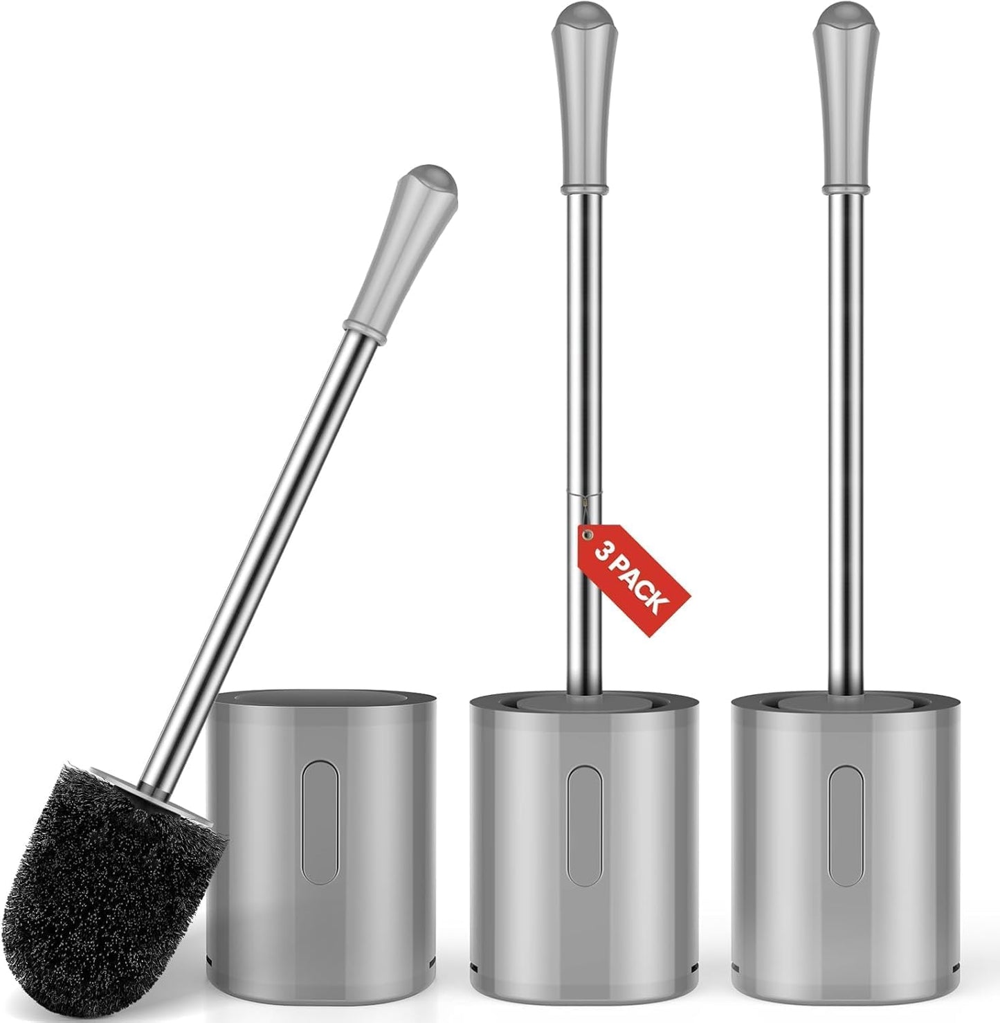 Toilet Brush and Holder, 3 Pack Compact Size Toilet Bowl Brush with Stainless Steel Handle, Space Saving for Storage, Drip-Proof, Toilet Scrubber for Cleaning Bathroom Grey