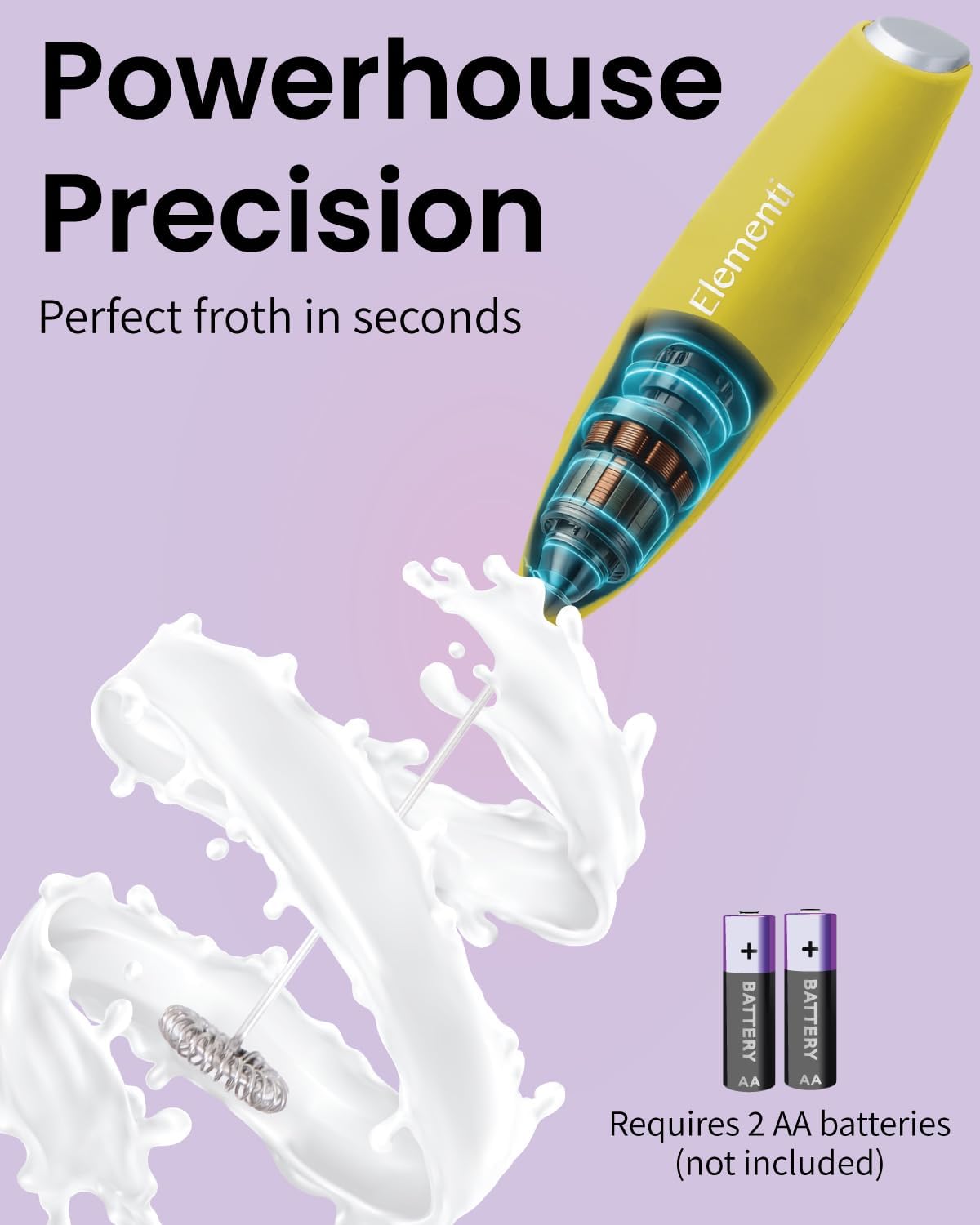 Elementi Milk Frother Handheld - Electric Coffee Mixer for Lattes, Cappuccinos and Cold Foam - Compact Drink Frother Wand for Barista-Style Beverages (Yellow)