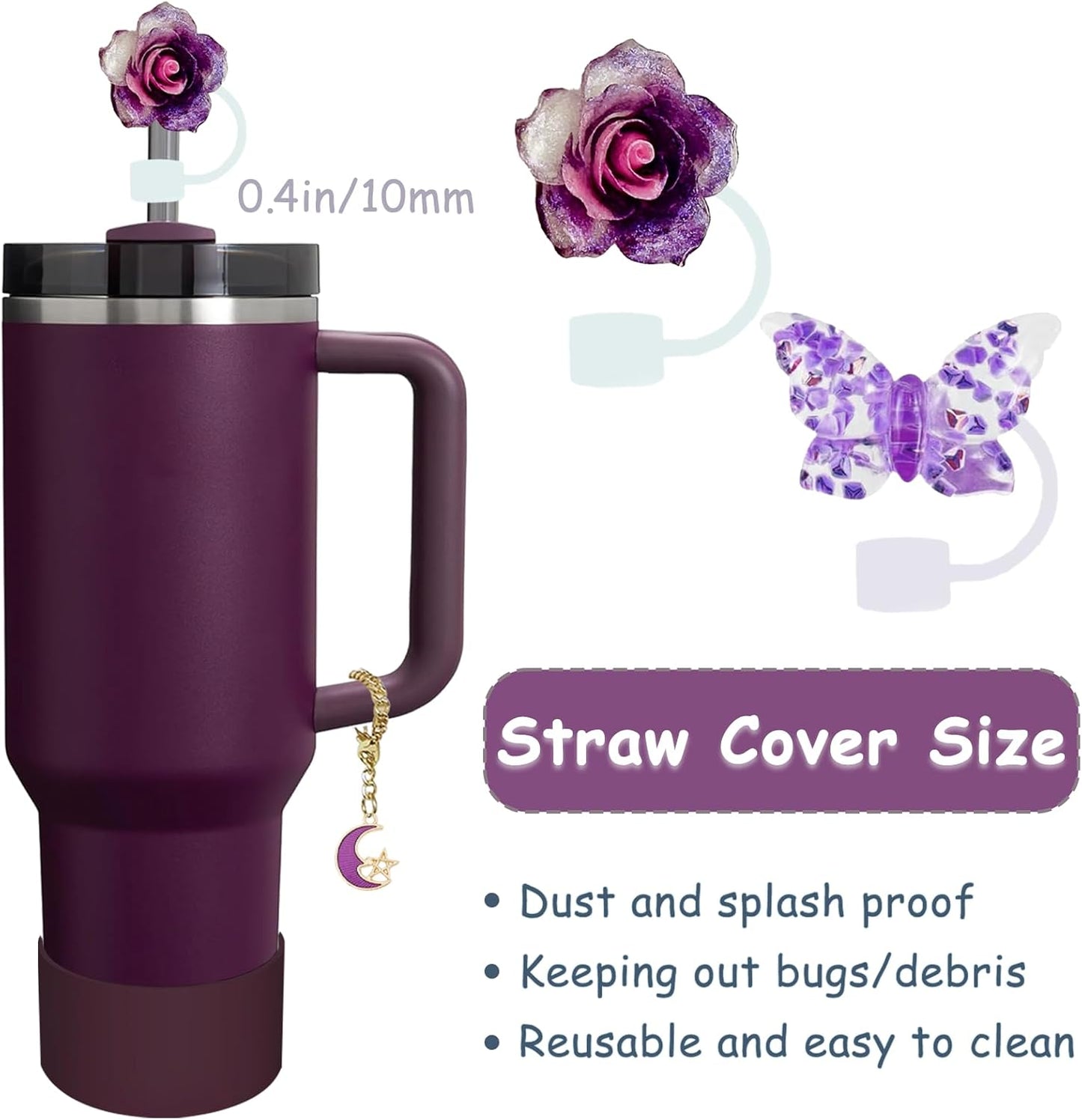 Stanley Cup Accessories Set,Including 2 Pcs 0.4in Straw Cover, 1 Silicone Spill-Proof Stopper Set of 3, 1 Cute Moon Handle Charm, 1 Silicone Boot Fits Stanley 40&30 Oz Tumbler (Plum)
