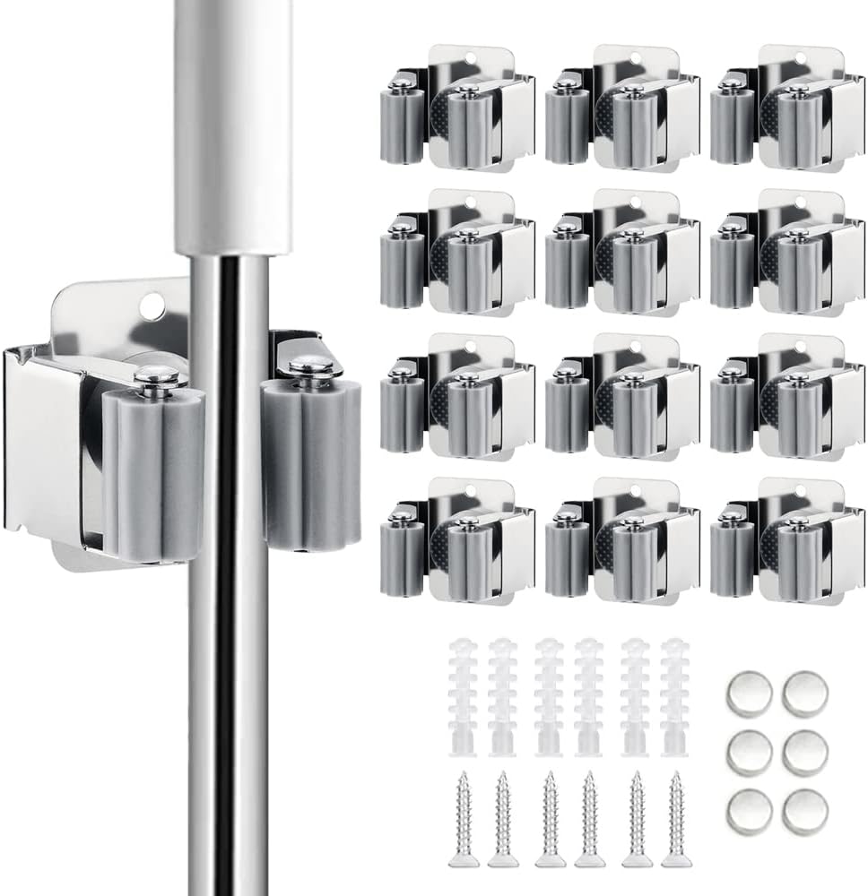 12PCS Broom and Mop Holder, Heavy Duty Garden Tool Organizer Rack Rake and Shovel Handle, Stainless Steel Mop Hanger. Wall Mounted Utility Rack with Screws, Silver
