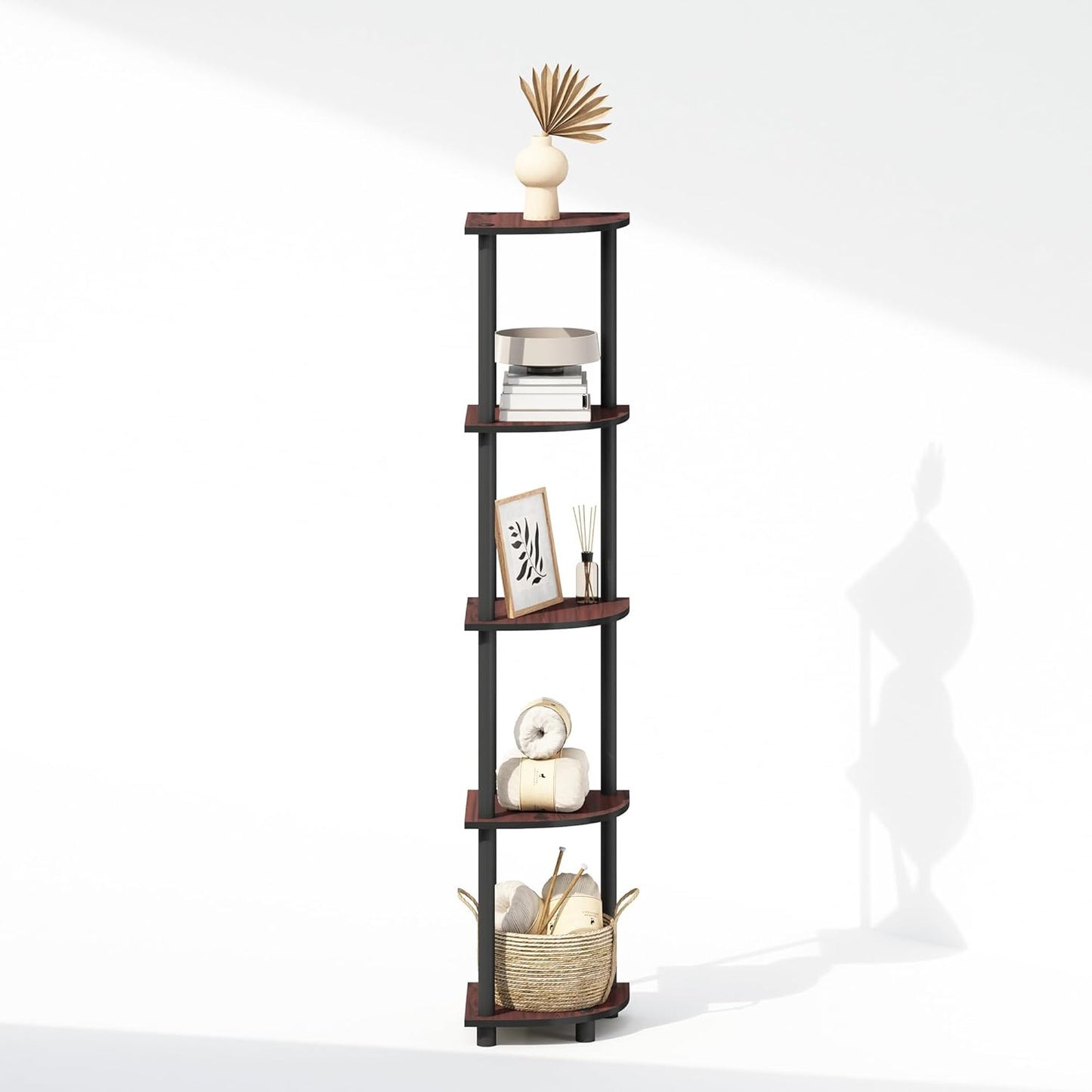 Furinno Turn-N-Tube Corner Shelf, 5-Tier Corner Bookshelf, Open Storage Shelves, for Organization and Storage, Living Room, Home Office, Garage, Bedroom, Dark Cherry