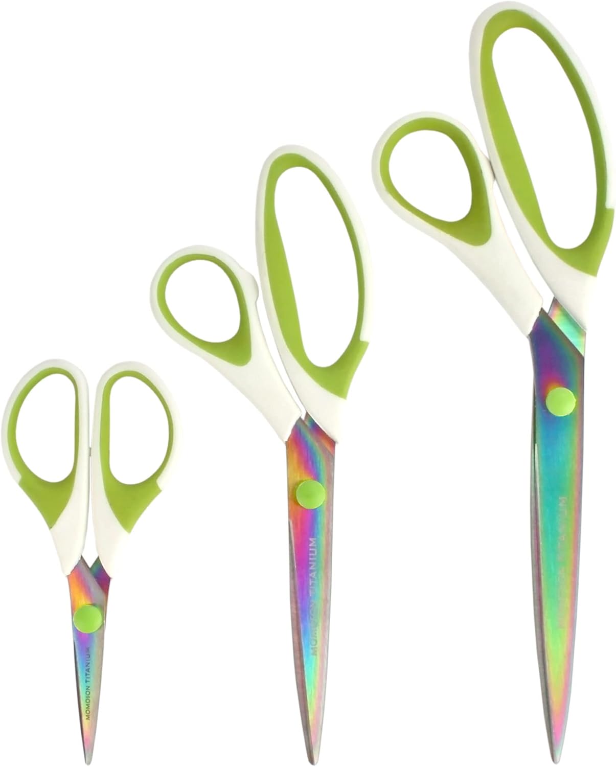 BambooMN Titanium Softgrip Scissors Set for Sewing, Arts, Crafts, Office - 3 Sets of 3 - White w/Green Inlays