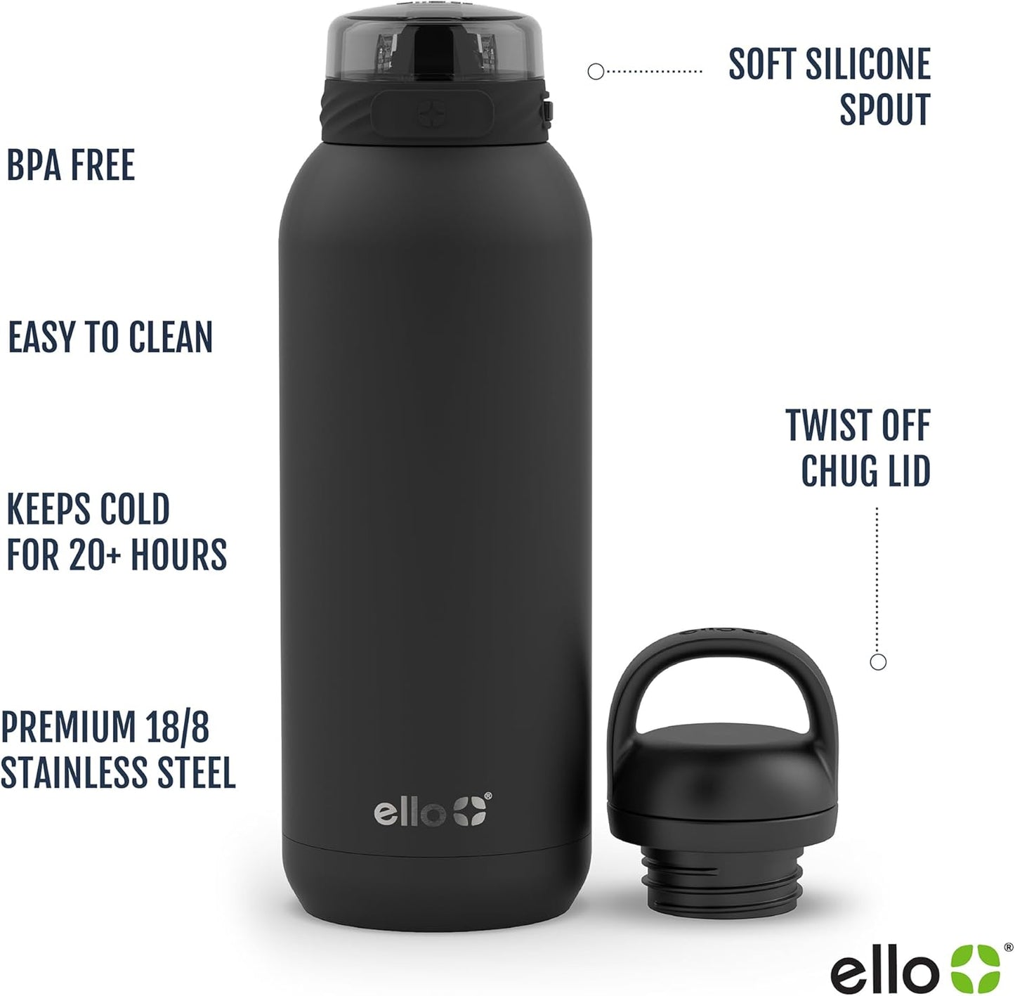 Ello Cooper 40oz Stainless Steel Water Bottle with 2 Lids Chug and Straw | Leak Proof | Double Walled and Vacuum Insulated | Built in Carry Loop | Dishwasher Safe | Black