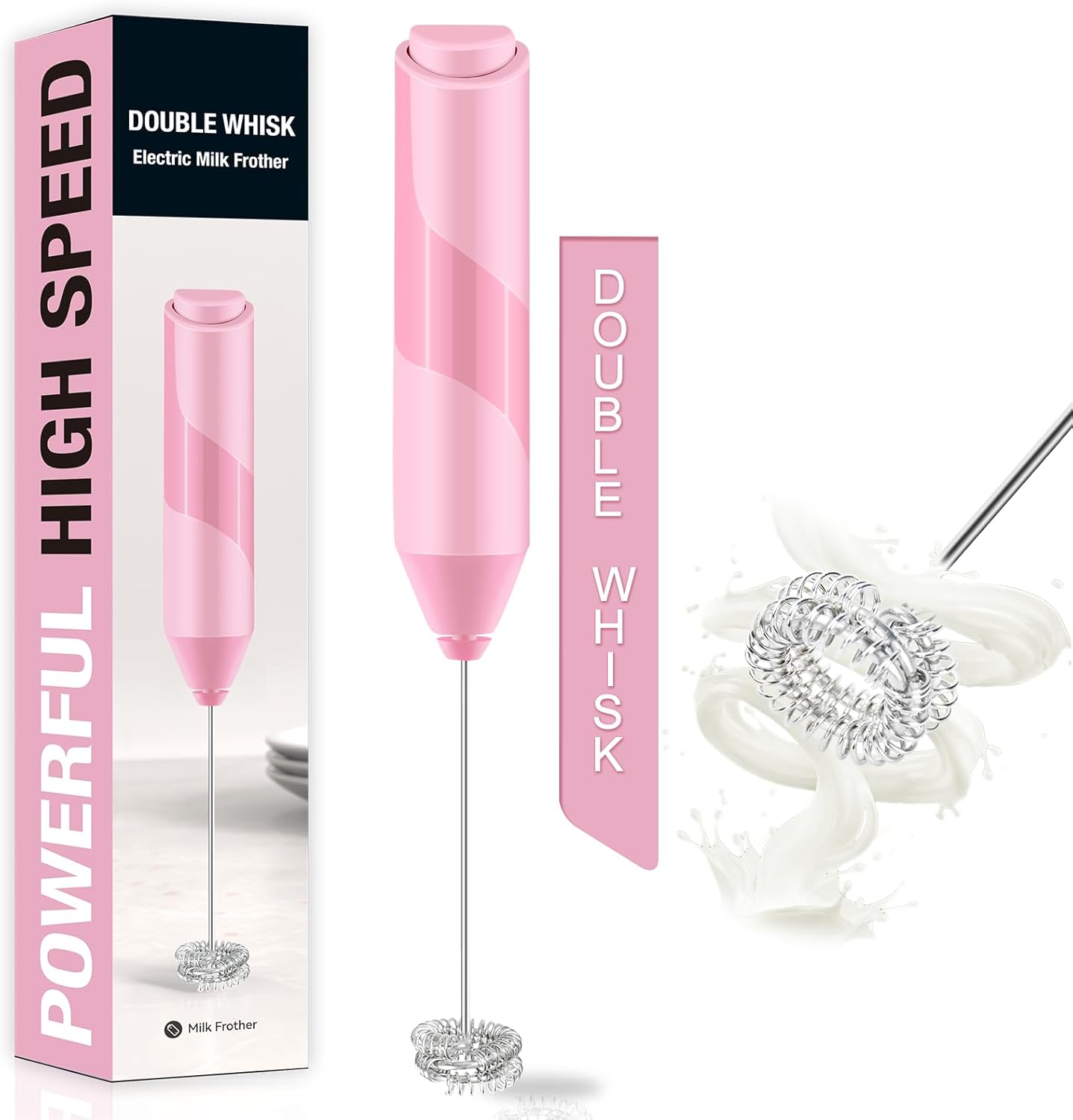 Double Whisk Milk Frother, Handheld Electric Blender stick, Drink Mixer with Food Grade Stainless Steel Stirrer, Battery Operated Foam Maker for Coffee, Cappuccino, Matcha,Hot Chocolate Latte, in Pink