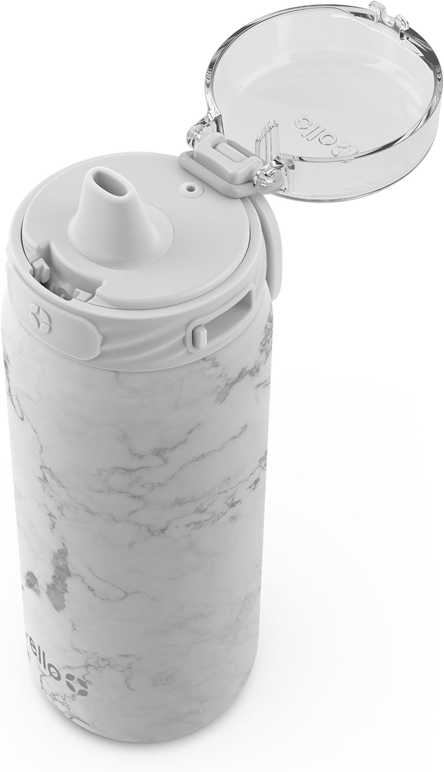Ello Cooper 18oz Stainless Steel Water Bottle with Straw and Carry Handle, Double Walled and Vacuum Insulated Metal, Leak Proof Locking Lid with Soft Silicone Spout, Reusable, BPA Free, White Marble
