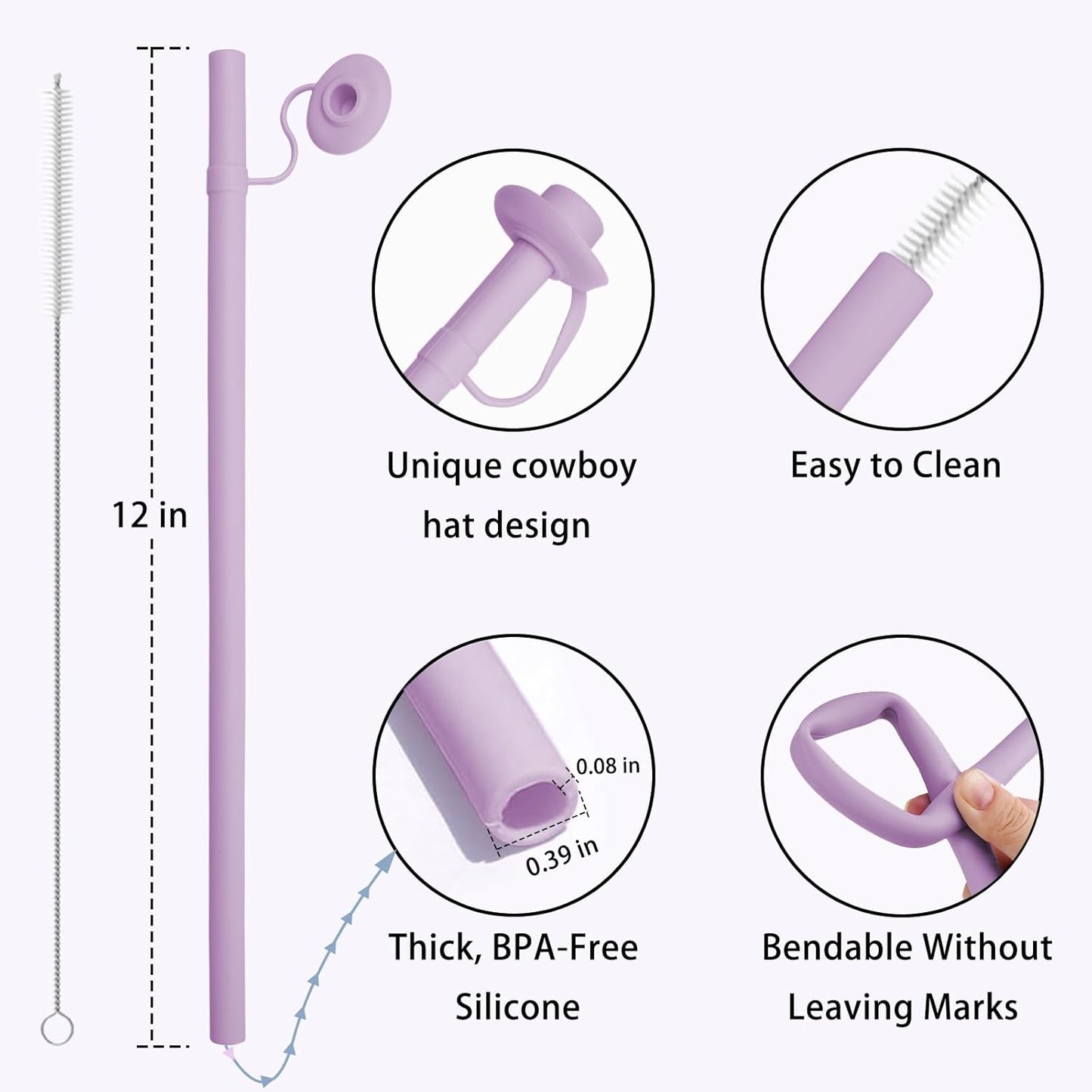 2PCS Reusable Silicone Straws with Cover, Bite-Safe, 12”Long Collapsible Drinking Straws for Stanley Owala Cups, Tumblers & Travel – Trim to Fit Any Cup (Purple)