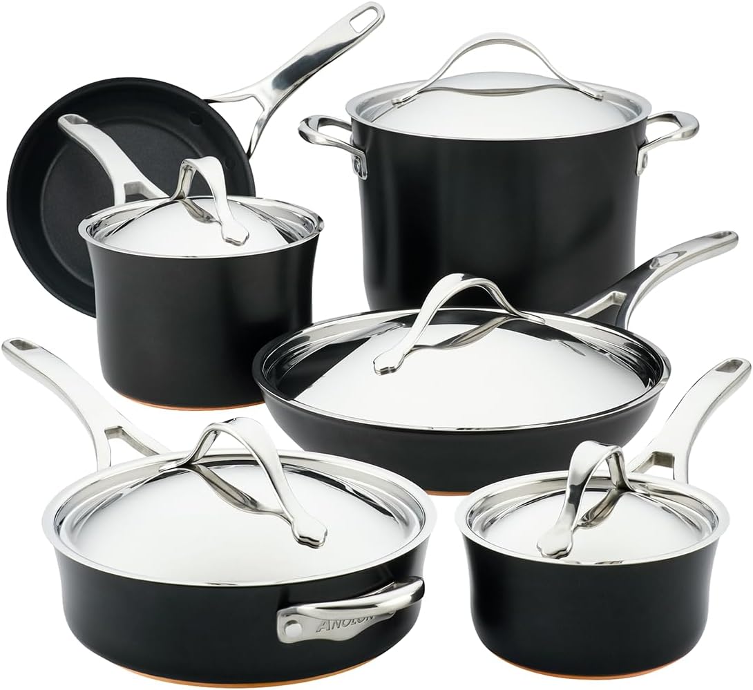 Anolon 83874 Nouvelle Copper Hard Anodized Nonstick Cookware Set / Pots and Pans Set - 11 Piece, Black Onyx