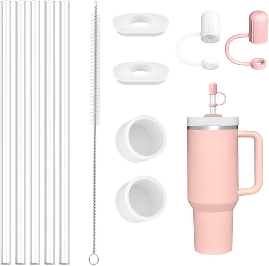 6 PCS Replacement Straws with Cover Spill Toppers for Stanley Cup 40 oz 30 oz Tumbler, Reusable Drinking Straws with Cover Cap and Cleaning Brush for Stanley Cup Accessorie, BPA Free, Dishwasher Safe