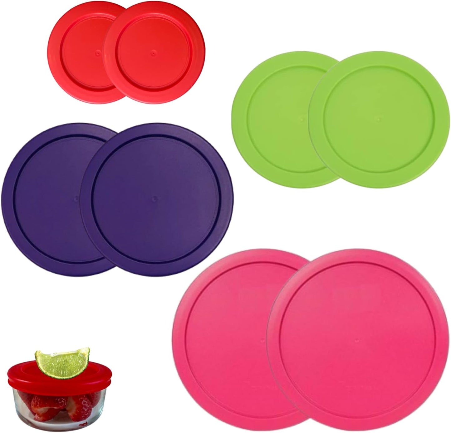 1, 2, 4 & 7 Cup Red, Spring Green, Purple, Pink Replacement Lids/Covers for Pyrex, Anchor Hocking & KlareWare Storage Bowls *Lids Only Glass Container Not Included* (8 Pack *Two of Each Size*)