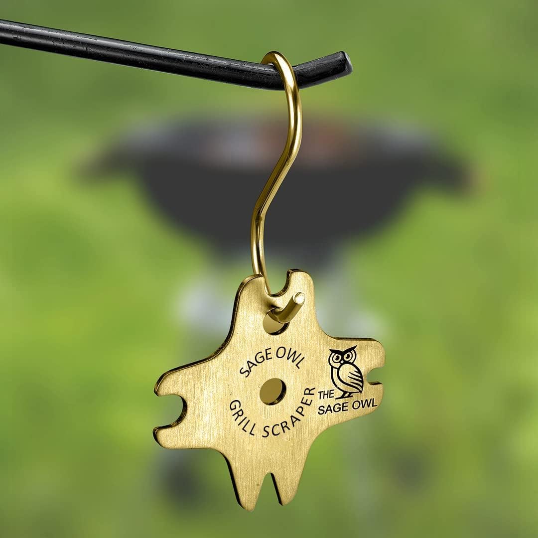 Sage Owl Bristle-Free Brass BBQ Grill Scraper – Safe Grill Cleaner for Outdoor Grills, Porcelain Grates, Smoker Accessories, Cooking Gadgets, and Barbecue Grilling Tools – Small Gifts for Dad