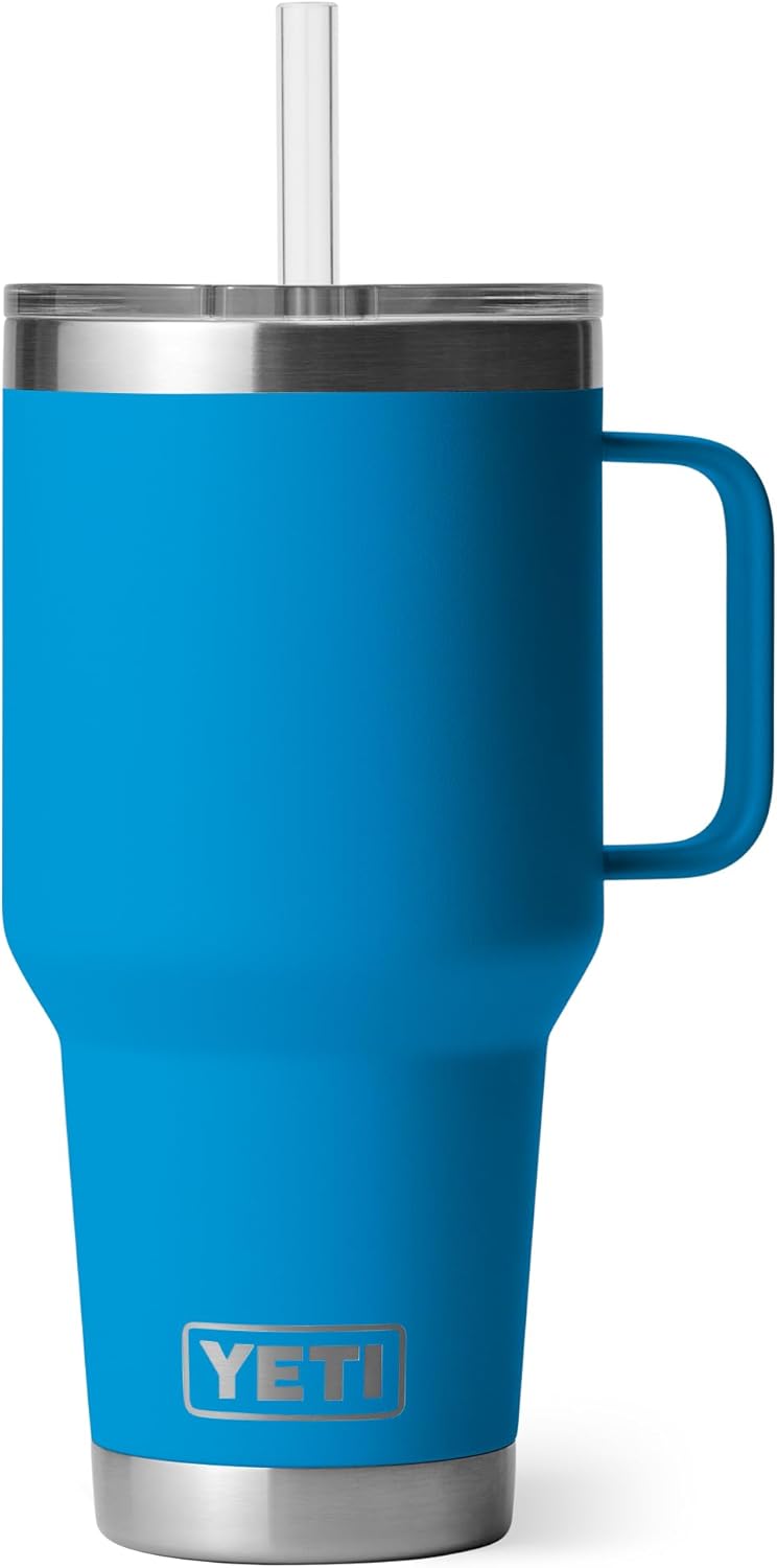 YETI Rambler 35 oz Tumbler with Handle and Straw Lid, Travel Mug Water Tumbler, Vacuum Insulated Cup with Handle, Stainless Steel, Big Wave Blue