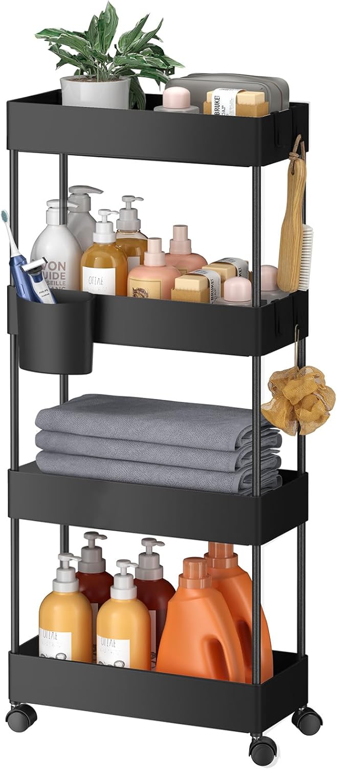 Pipishell Slim Storage Cart with Wheels - Bathroom Cart Organizer Storage, 4Tier Rolling Carts for Bathroom, Laundry Room, Kitchen, Narrow Space, Black PIUC05