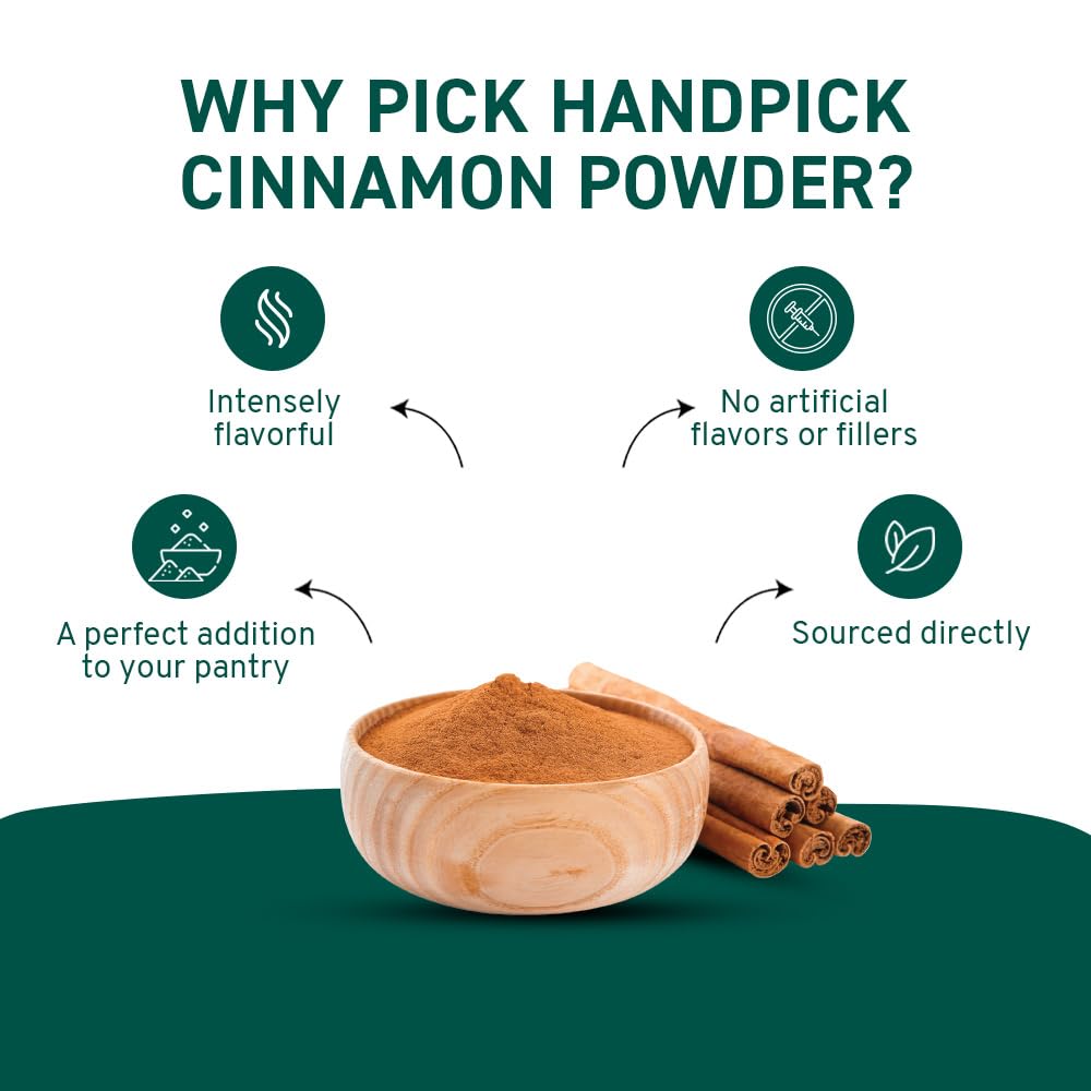 HANDPICK, Cinnamon Powder (397g/14oz) Non GMO, Gluten Free, 100% Raw, Sourced from South India, For Cooking, Smoothies, Lattes, Tea, Packed in Resealable Ziplock Pouch
