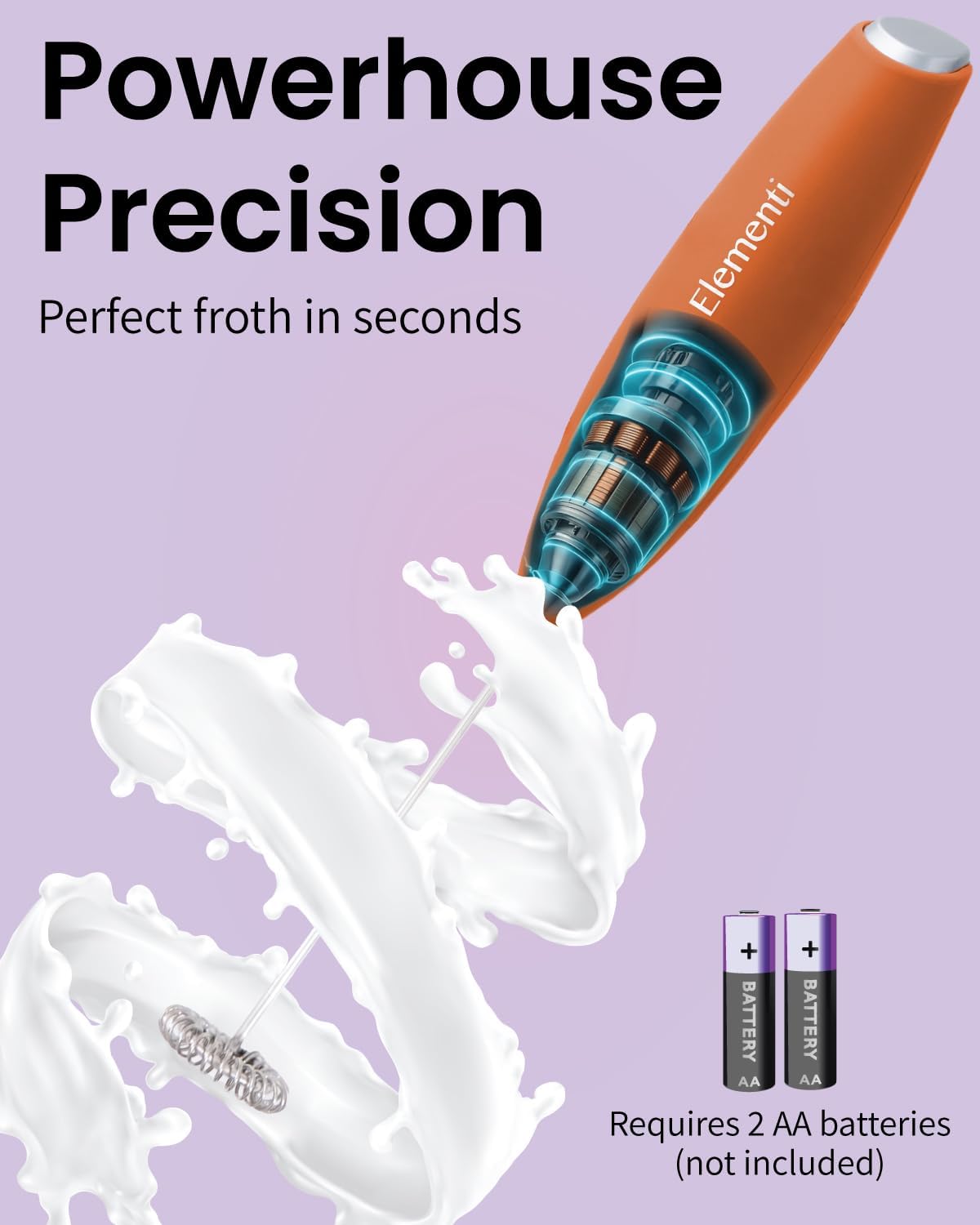 Elementi Portable Milk Frother & Stand – Compact Mixer for Powdered Drinks and Coffee, Electric Whisk Hand Blender, Specialty Kitchen Appliance (Pumpkin Orange)