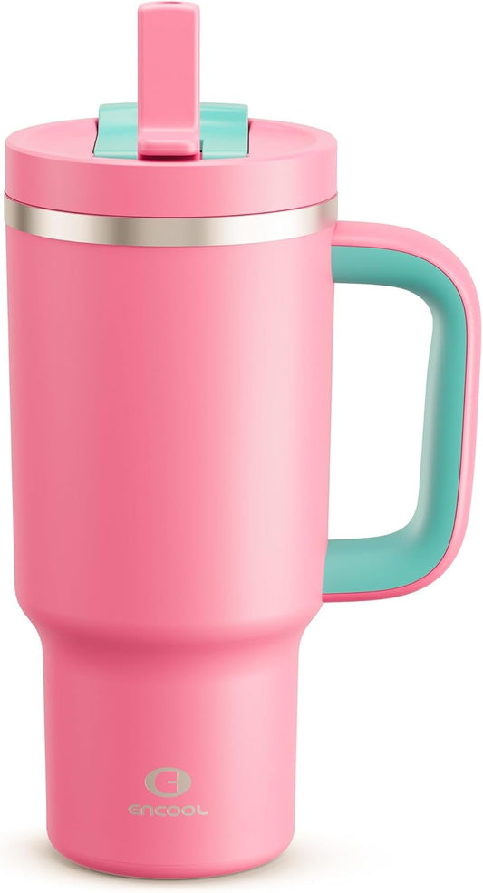 32 oz Tumbler with Handle and Straw: Stainless Steel Insulated Tumbler Keeps Cold for 24 Hours, Leakproof Travel Cup Fits in Cup Holder and BPA-Free,Tulip