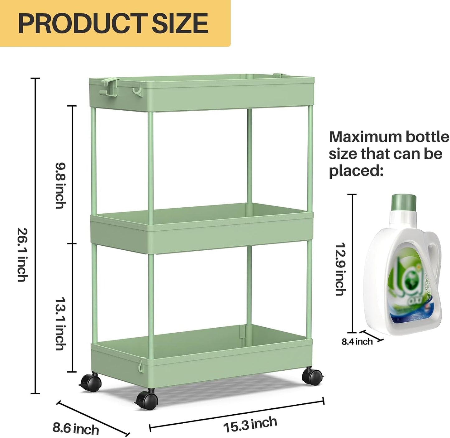 SPACEKEEPER Rolling Storage Cart 3 Tier, Bathroom Cart Organizer Laundry Room Organizer Utility Cart Mobile Shelving Unit Multi-Functional Shelves for Office, Kitchen, Bathroom, Green, SPKSC302GN