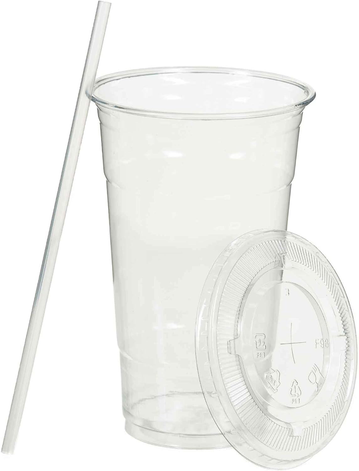 SafeWare Clear Disposable Plastic Cups 20oz with Flat Lids and Straws, Togo Disposable Iced Coffee Cups - Ideal for Party, Outdoor Picnic, BBQ, House Party, Restaurant Quality - 100 Sets