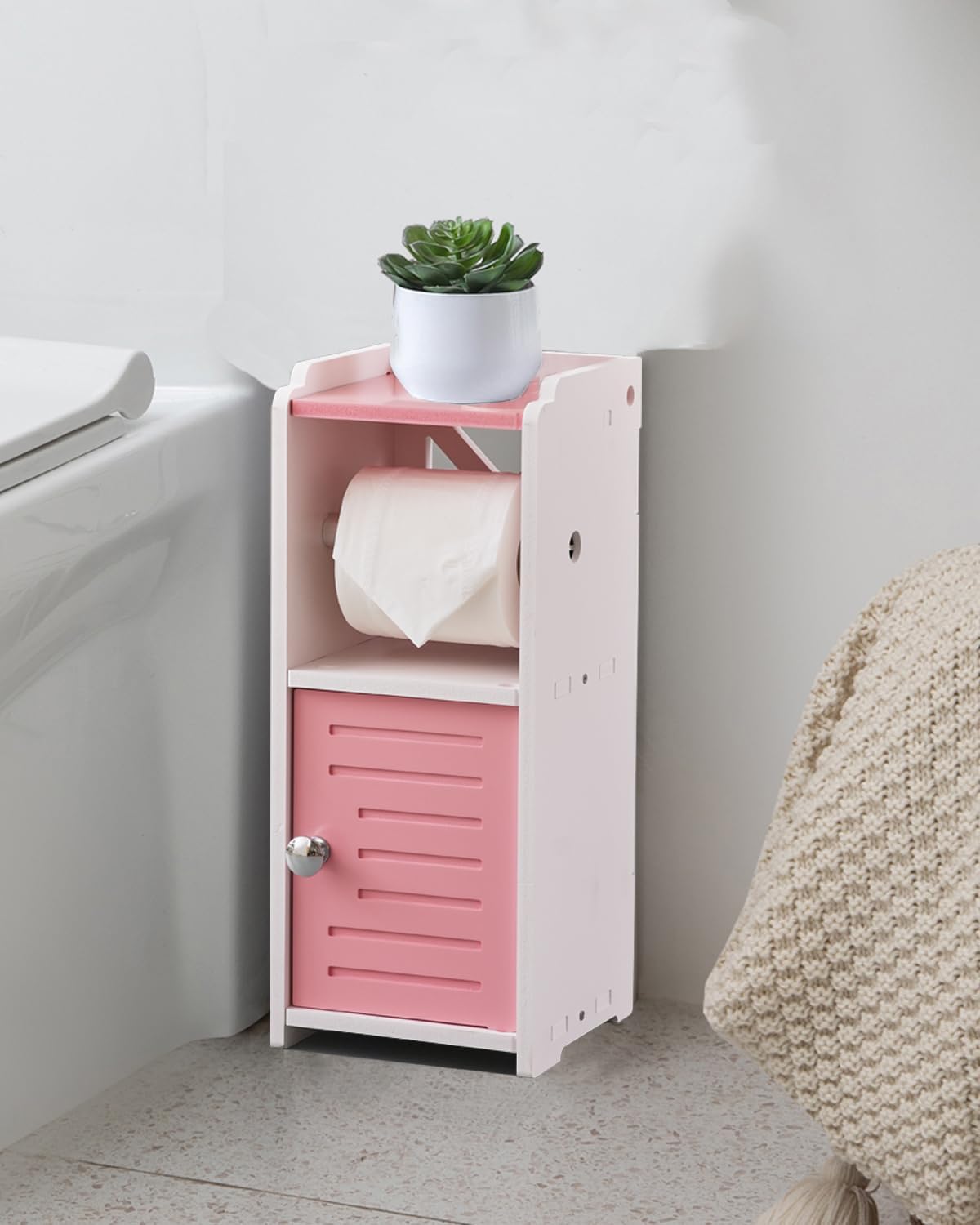 AOJEZOR Toilet Paper Holder Stand: PVC Freestanding Cabinet Storage for Small Bathroom Spaces for Homes and Renters-Jelly Pink