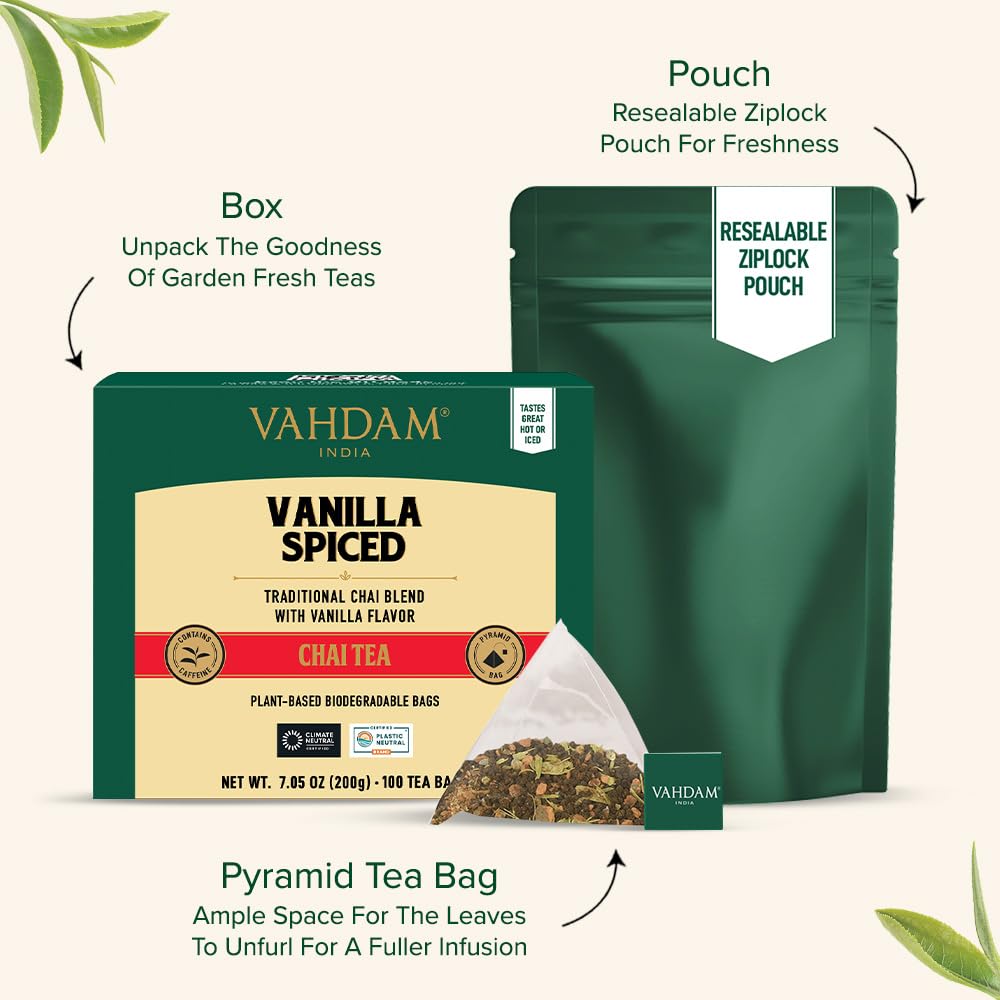 VAHDAM, Vanilla Spiced Chai Tea | 100 Tea Bags | Delicious Blend of Vanilla Masala Chai | Brew Hot, Cold or Iced