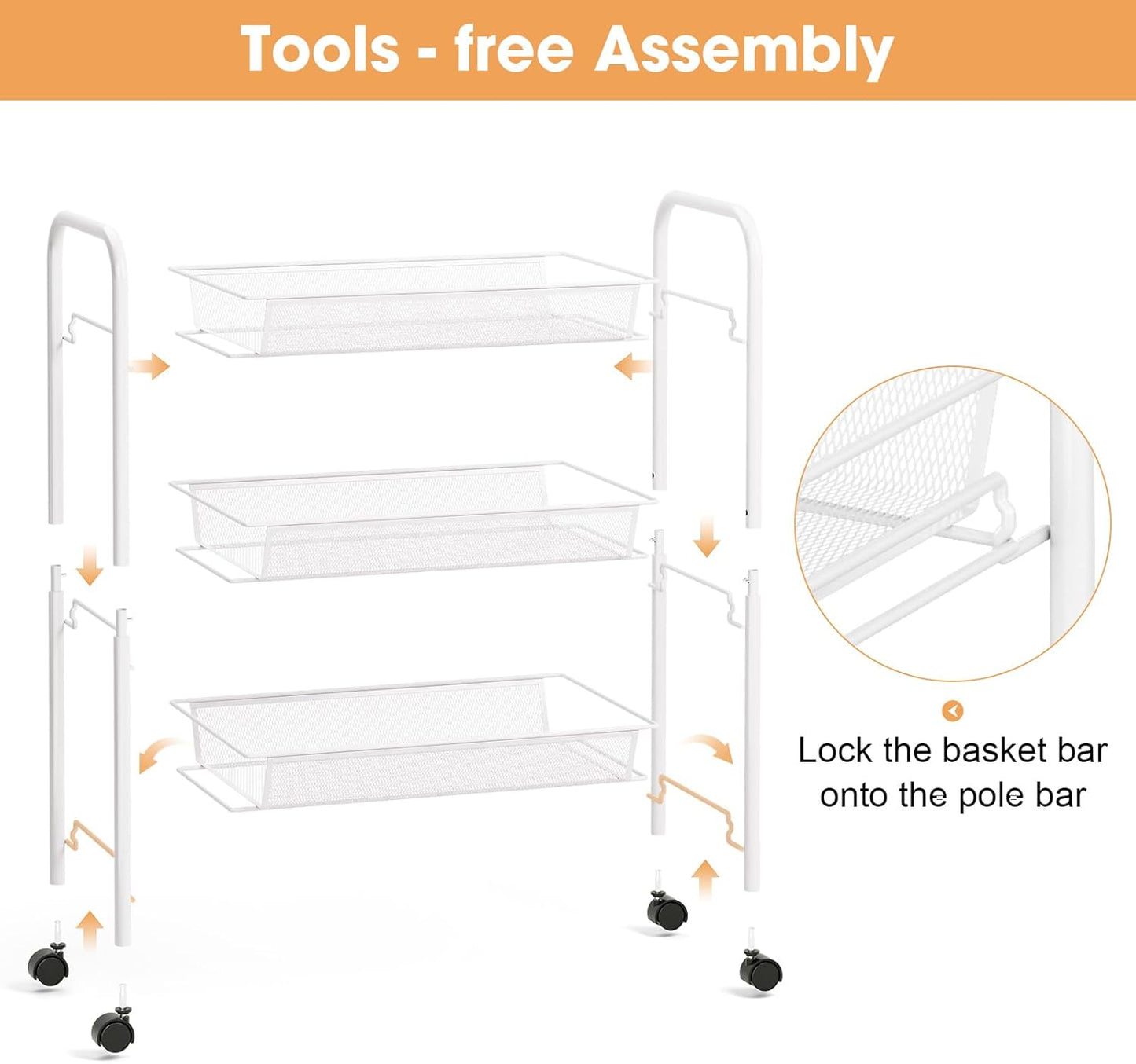 TOOLF 3-Tier Metal Rolling Cart, Mesh Wire Easy Assemble Utility Cart, Storage Trolley on Wheels with 3 Hooks, MetalStorage Shelving Units for Kitchen Bathroom Laundry Room