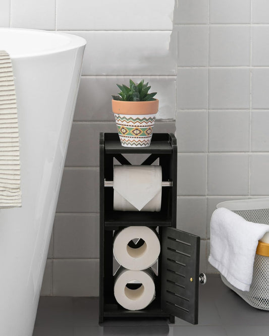 AOJEZOR Toilet Paper Holder Stand: PVC Freestanding Bathroom Cabinet Storage for Apartment Dwellers - Slim Bathroom Storage - Black