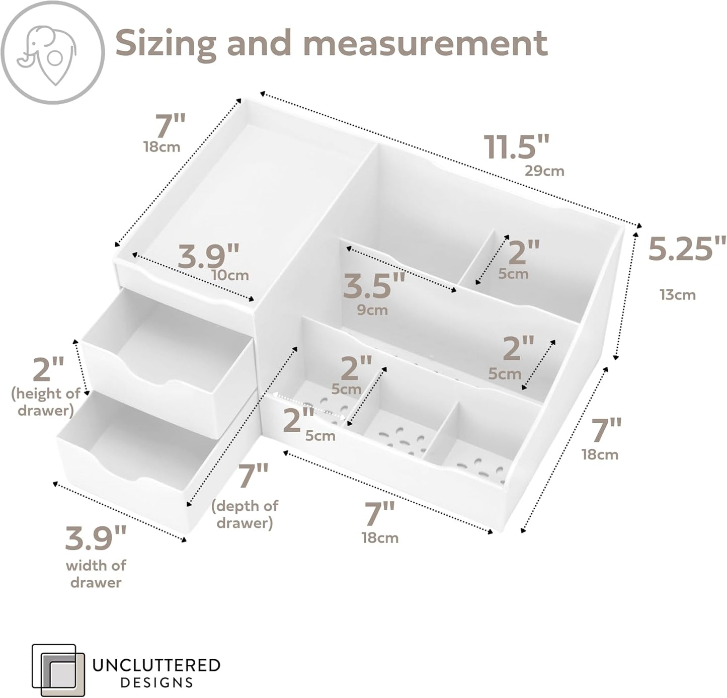Uncluttered Designs Large Makeup Organizer for Vanity - Countertop Desk With Drawers for Cosmetic, Beauty, Hair, Nail, Perfume & Skincare - Perfect for Bathroom & Bedroom Storage (White)