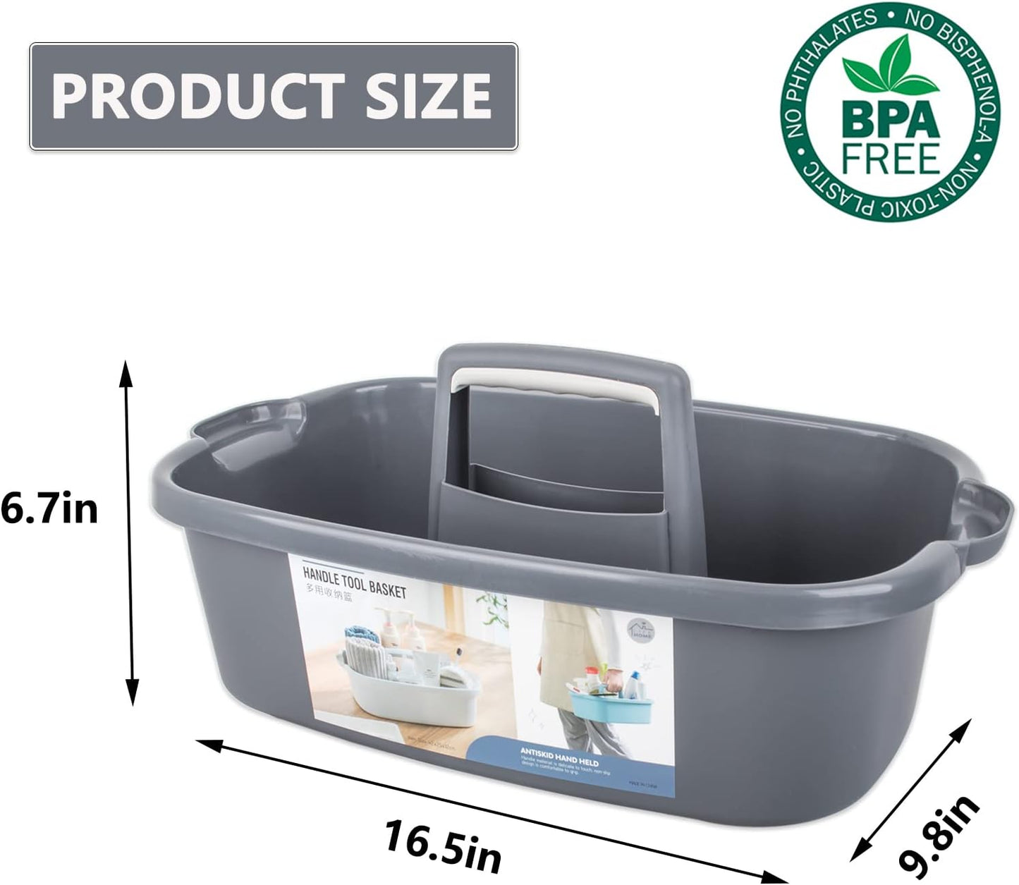 Large Cleaning Supplies Caddy Portable Shower Basket Supply Organizer with Handle Plastic Bucket Tool Storage for Bathroom, Bedroom, Kitchen, College Dorm, Garden, Dark Gray 2 Pack