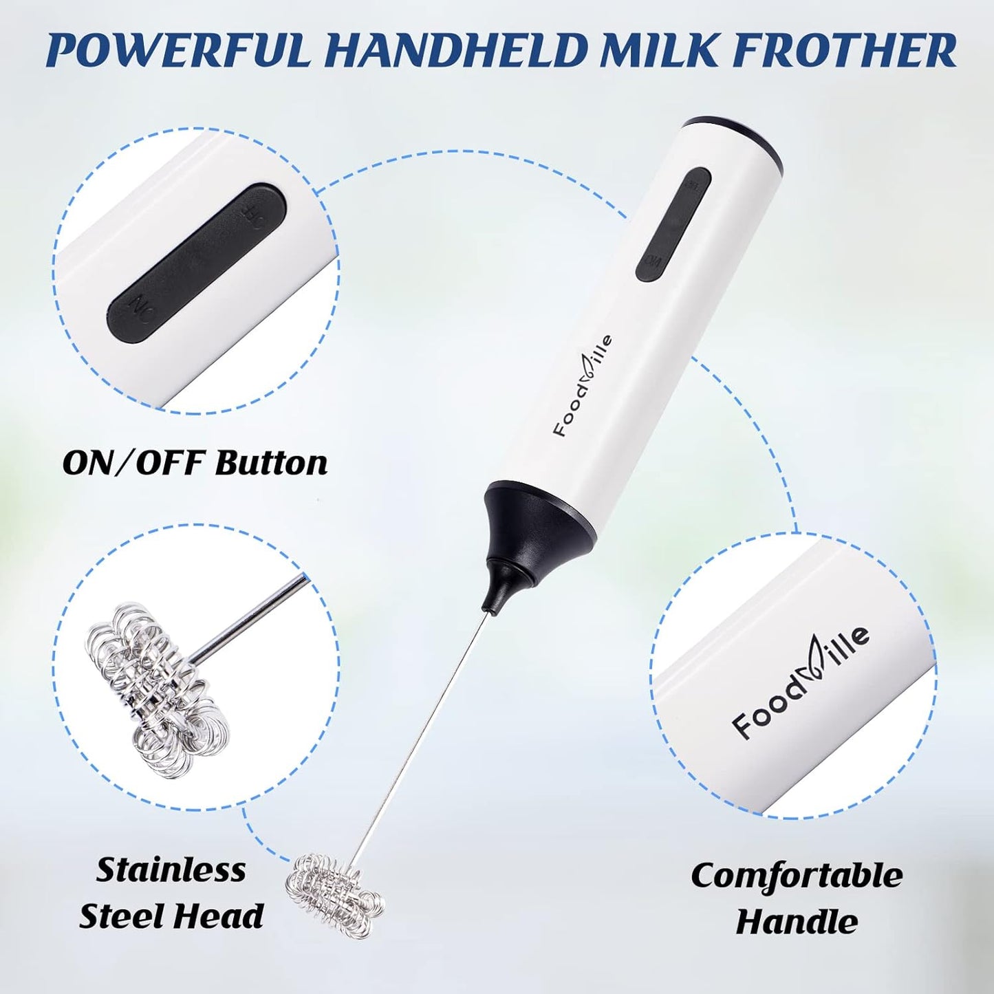 MF05 Rechargeable Milk Frother USB Charging Handheld Foam Maker with Stainless Balloon Whisk for Cappuccino, Latte, Bulletproof Coffee, Keto Diet, Protein Powder, Matcha (White)