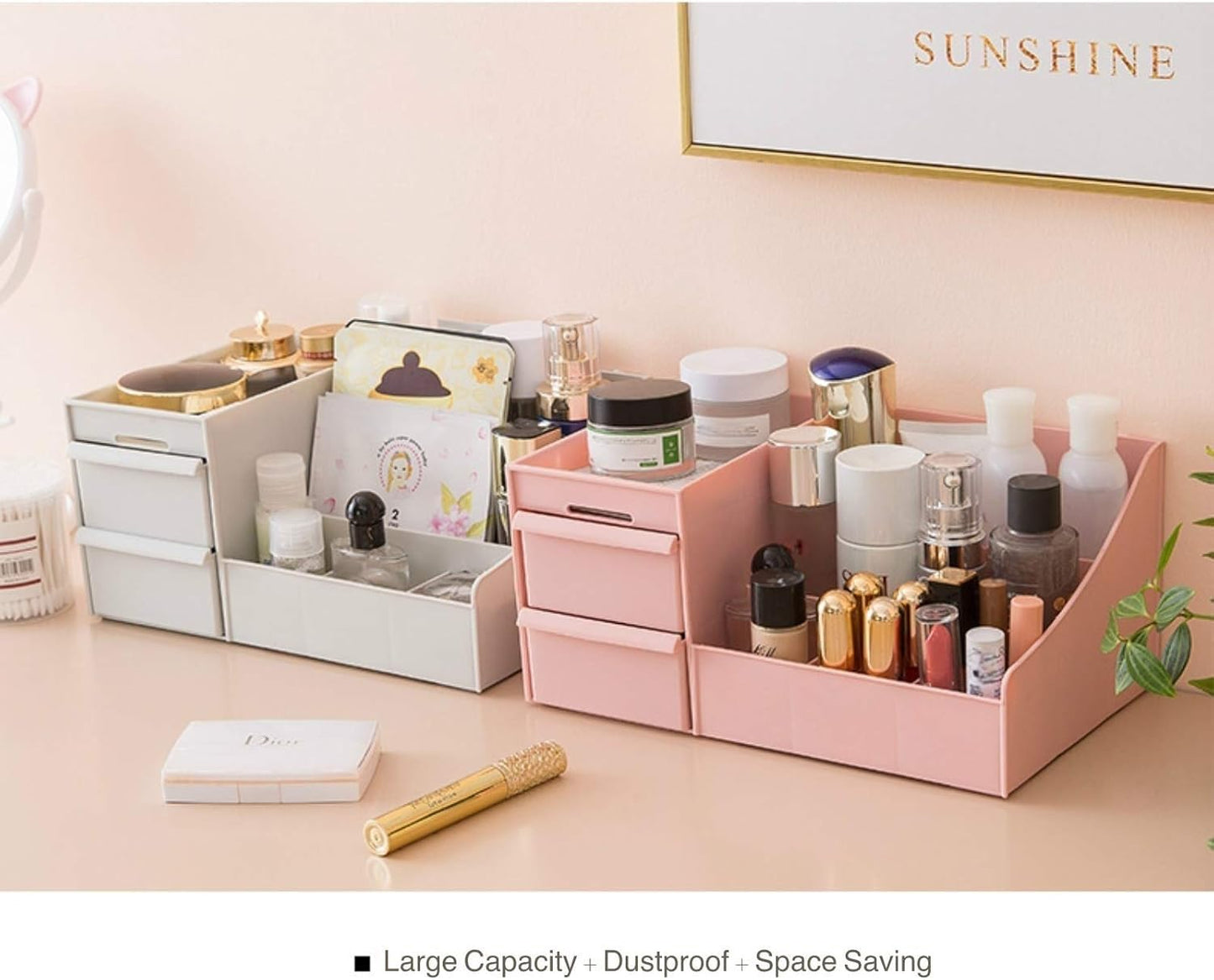 Simbuy Makeup Organizer for Vanity— Bathroom Countertop Cosmetics Organizer with Drawers for Lipstick, Brushes, Lotions, Eyeshadow, Nail Polish and Jewelry (Pink)