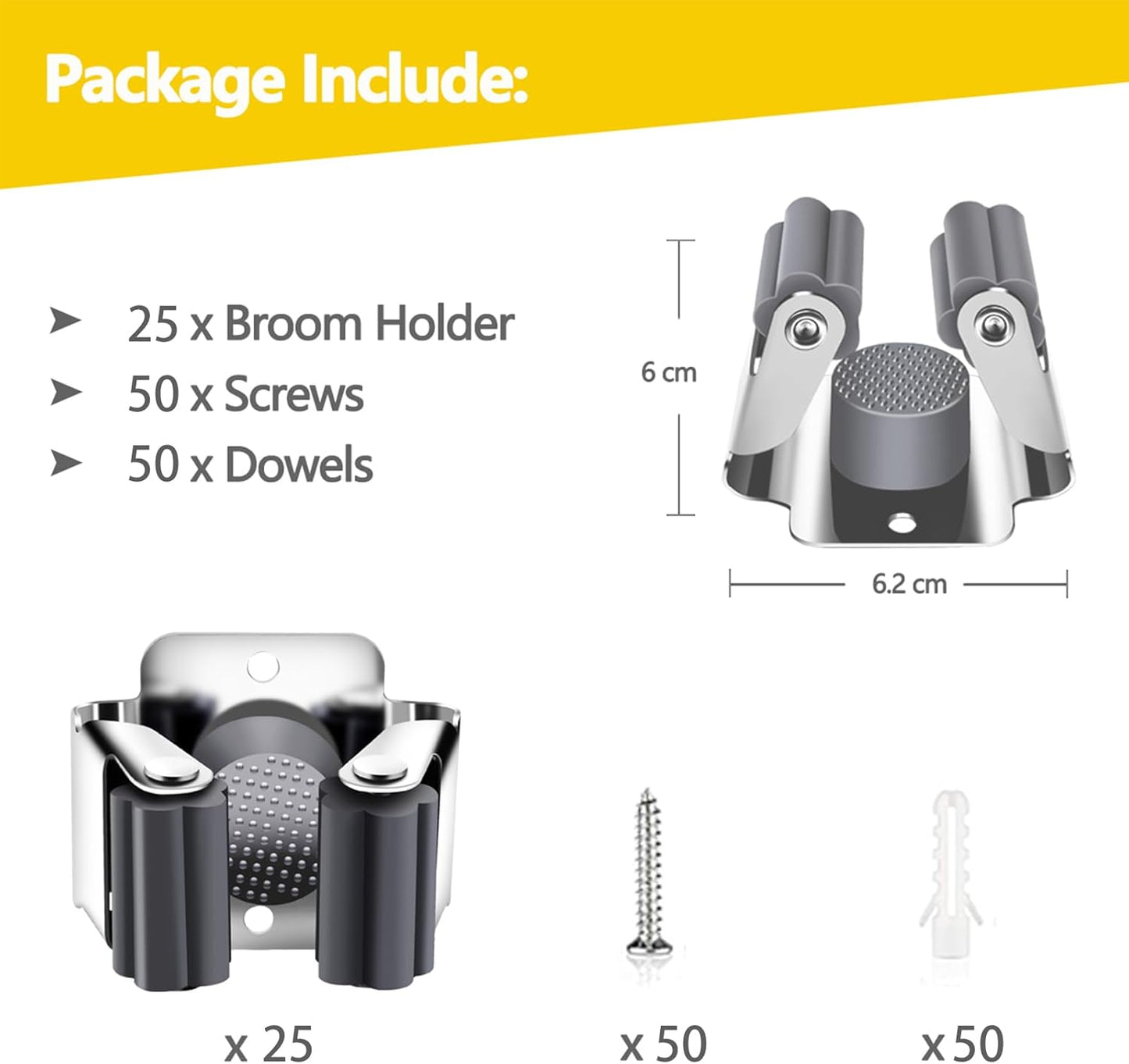 Verdenu 25 Pack Broom Holder Wall Mount, Mop and Broom Holder Wall Mount, Stainless Steel Command Mop Holder with Screws, Garden Tool Storage Organizer for Kitchen, Home, Bathroom, Garage, Grey