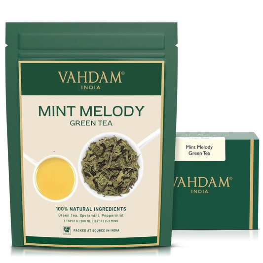 VAHDAM, Mint Green Tea Loose Leaf (50+ Cups, 3.5 oz) Cool Peppermint Tea With Himalayan Green Tea Leaves | Low Caffeine | High Elevation Grown | Vacuum Sealed for Freshness