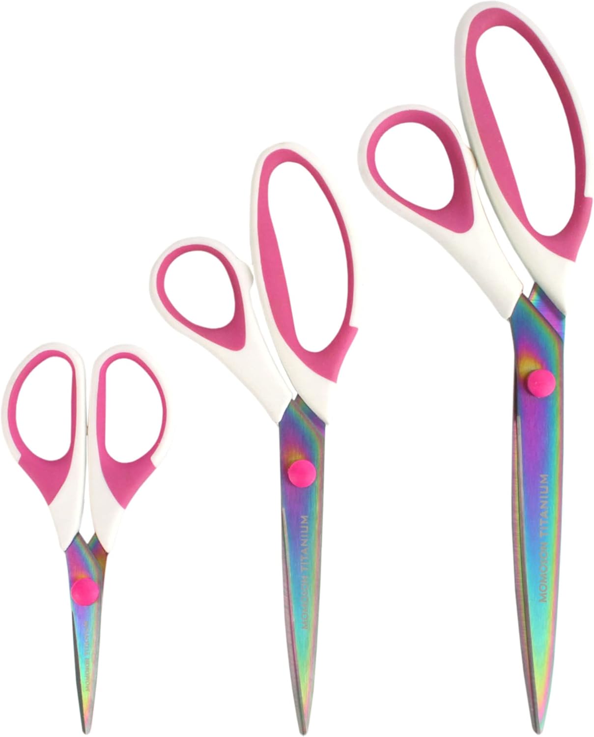 BambooMN Titanium Softgrip Scissors Set for Sewing, Arts, Crafts, Office - 3 Sets of 3 - White w/Pink Inlays