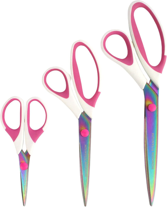 BambooMN Titanium Softgrip Scissors Set for Sewing, Arts, Crafts, Office - 3 Sets of 3 - White w/Pink Inlays