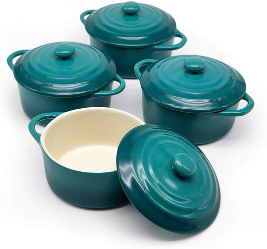 Kook Ceramic Mini Cocotte Set, Small Casserole Dishes with Lids and Handles, Individual Baking Ramekins, Oven, Microwave & Dishwasher Safe, Stoneware, 12 oz, Set of 4 (Aqua Ombre)