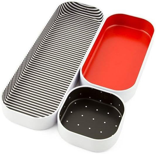 Three by Three Seattle 3 Piece Shallow Metal Organizer Tray Set for Storing Makeup, Stationery, Utensils, and More in Office Desk, Kitchen and Bathroom Drawers (1 Inch, Red Dots and Stripes)