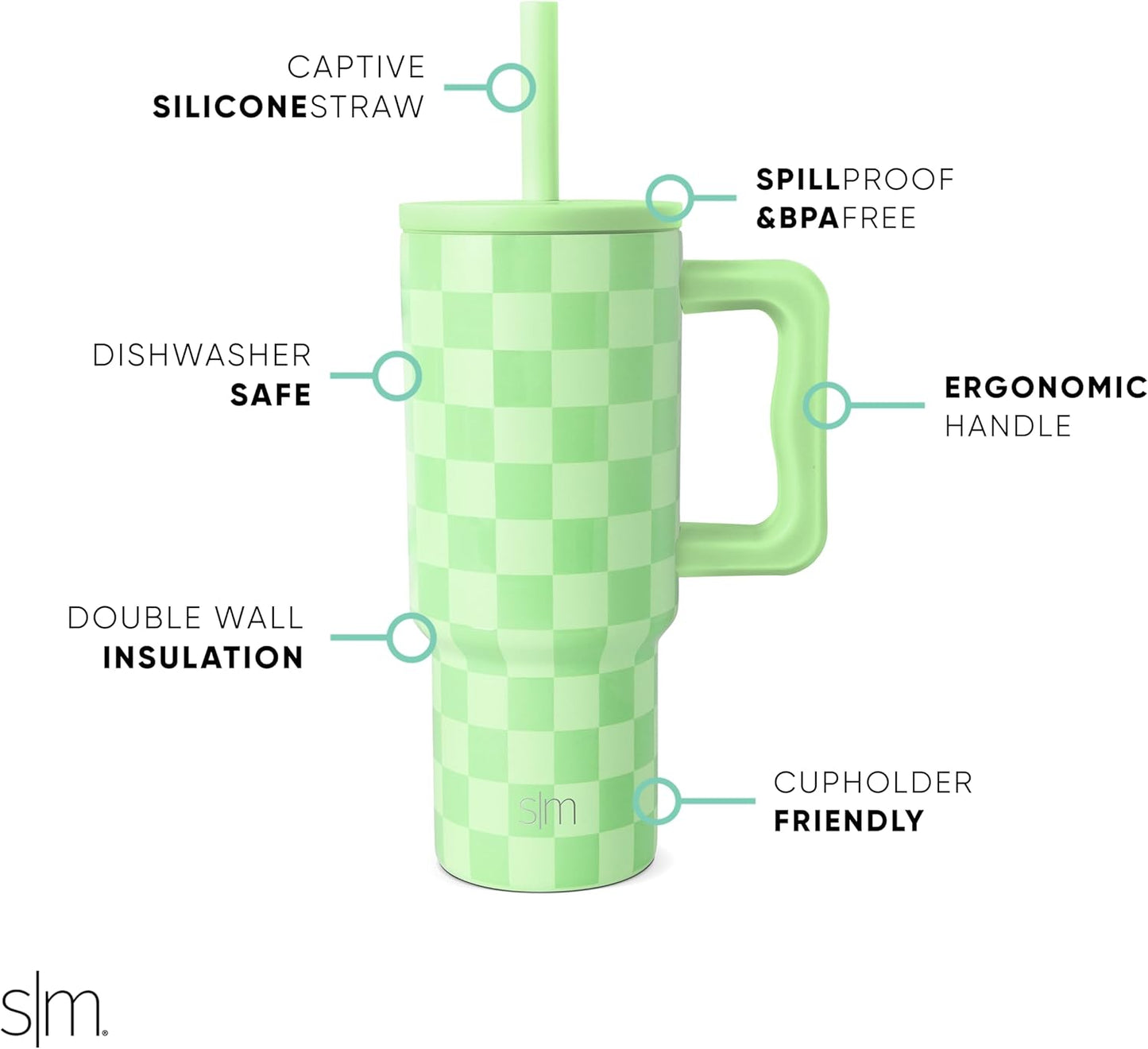 Simple Modern Kids 24 oz Tumbler with Handle and Silicone Straw Lid, Spill Proof & Leak Resistant, Reusable Stainless Steel Bottle, Trek Collection, Lime Checkmate (Pack of 12)