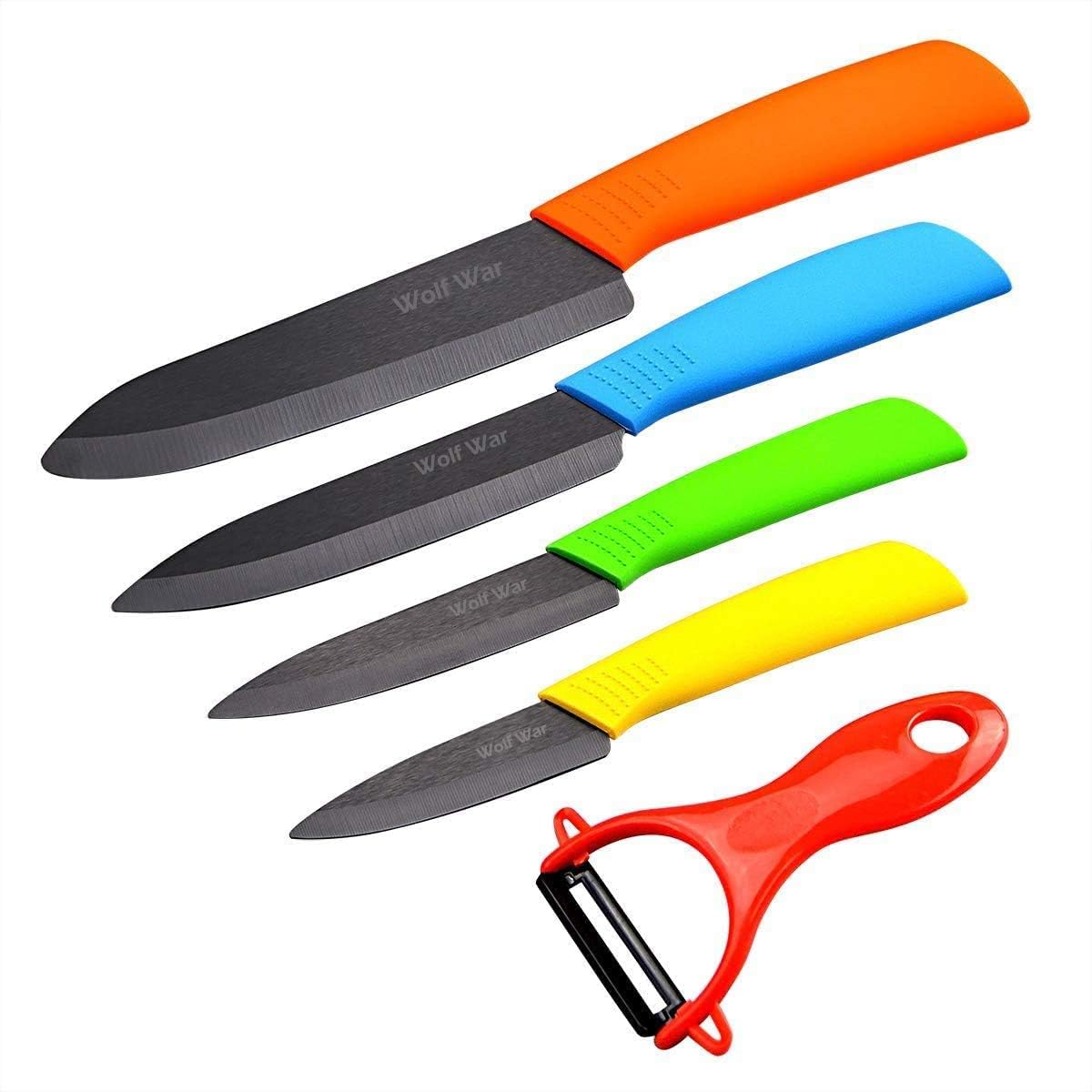 Kitchen Ceramic Knife Set Professional With Sheaths - Super Sharp Rust Proof Stain Resistant (6" Chef, 5" Utility, 4" Fruit, 3" Paring, One Peeler)