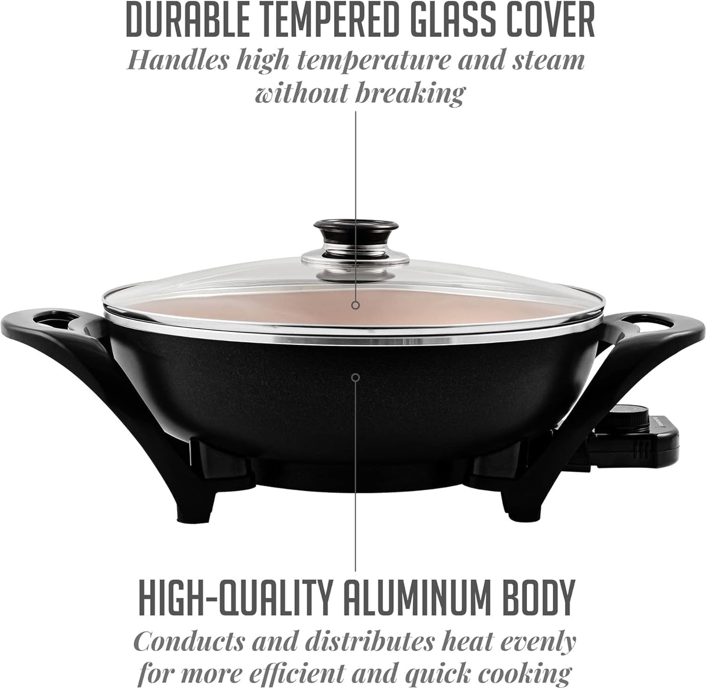 OVENTE Electric Wok with Nonstick Coating, 13 Inch Family-Sized Skillet, 1400W Power, Adjustable Temperature, Tempered Glass Lid, Cool Touch Handles and Easy to Clean Frying Surface, Copper SK3113CO